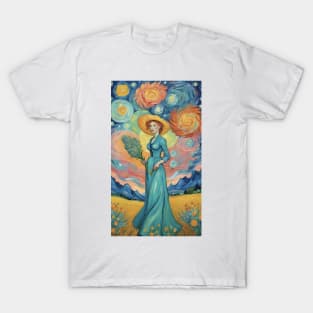 Starry Night Odyssey: Van Gogh-Inspired Landscape with Enigmatic Woman T-Shirt